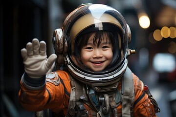 Happy kid wear astronaut costume and smile in dream job. 