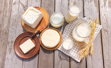 Dairy products on a farm. Selective focus.