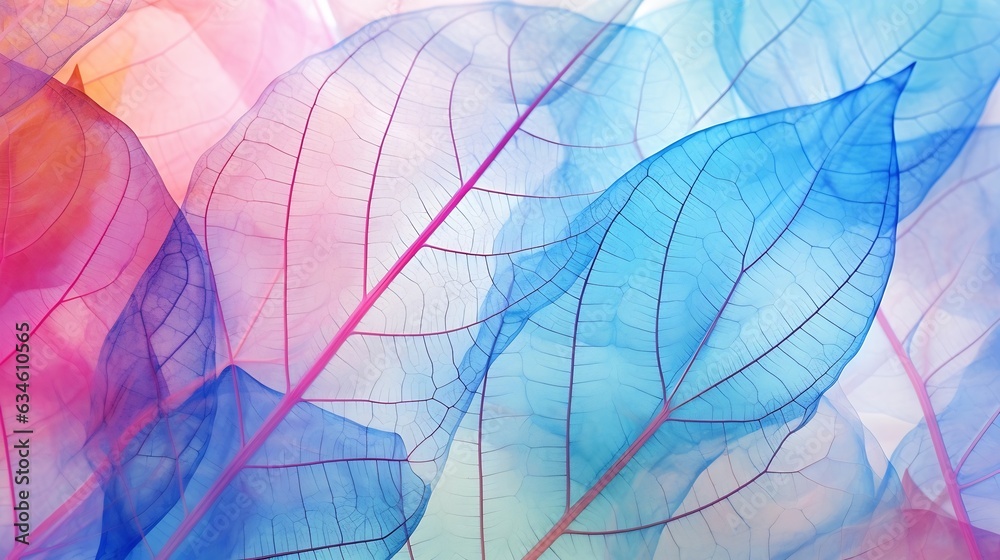 Aufkleber generative ai : macro leaves background texture blue, turquoise, pink color. transparent skeleton le
