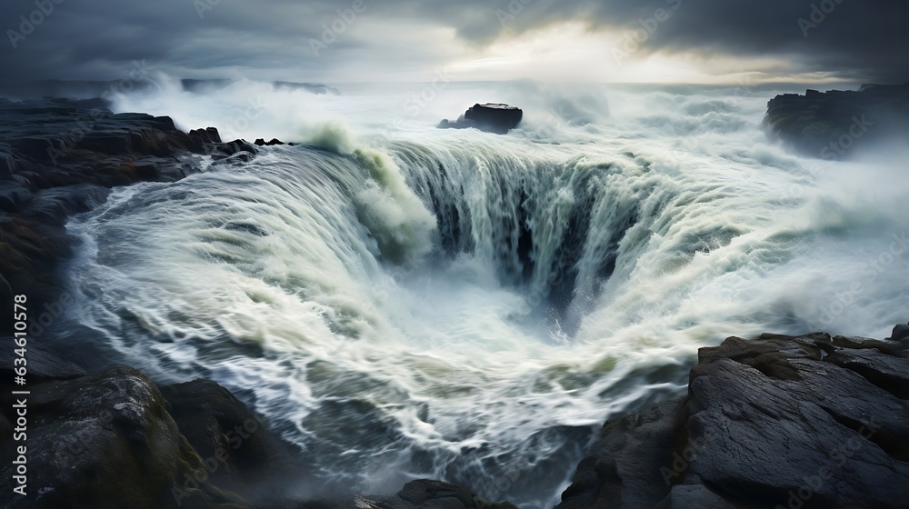 Poster generative ai : waves of water of the river and the sea meet each other during high tide and low tid