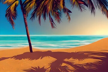 Stunning Beach Landscapes with waves and clouds.  Digital illustration. Kids Cartoon Backgrounds. Children Story Book illustration. 2d illustration. Generative AI