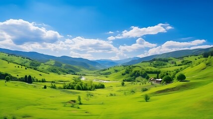 Obraz premium Generative AI : panorama of beautiful countryside. sunny afternoon. wonderful springtime landscape in mountains. grassy field and rolling hills. rural scenery