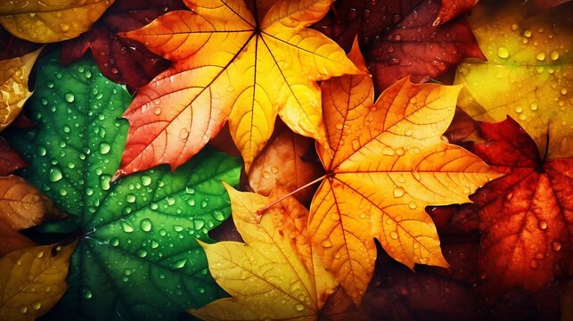 Generative AI : The background image that is green, the colors of the autumn leaves are perfect, suitable for seasonal use.