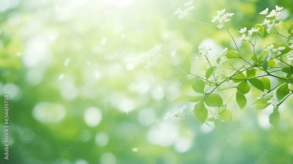 Poster generative ai : beautiful nature defocused bokeh green background, texture. blurred crown trees in g