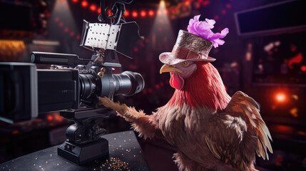A rooster in a coloured hat captures the show on a film camera. The concept of television, television show programmes.