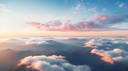 Generative AI : Aerial sunset view over the Blue Ridge Mountains from the cockpit of a private aircraft. Sky with clouds. Sky background