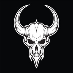 black and white horned skull illustration eps vector