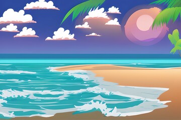 Fototapeta na wymiar Stunning Beach Landscapes with waves and clouds. Digital illustration. Kids Cartoon Backgrounds. Children Story Book illustration. 2d illustration. Generative AI