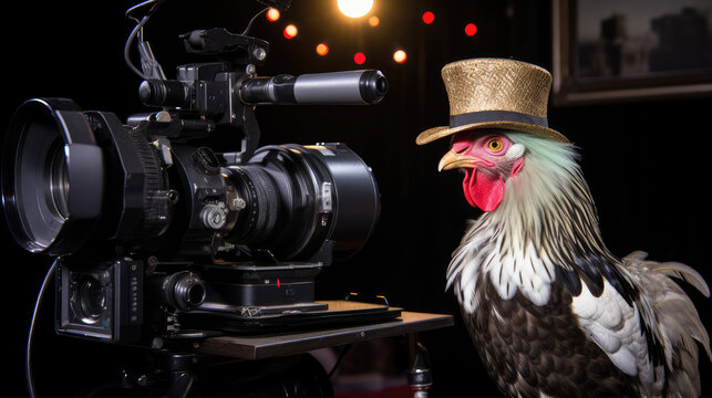 A rooster cock in a coloured hat captures the show on a film camera. The concept of television, television show programmes.