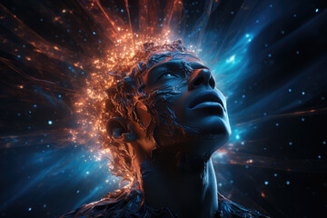 Human head with a glowing energy source on the surface 