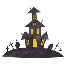 Cemetery, tombstones and crosses, sinister house. Isolated element. watercolor illustration