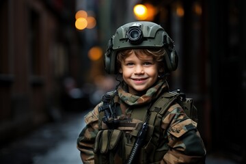 Naklejka premium Happy kid wear soldier costume and smile in dream job.