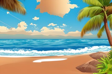 Fototapeta premium Stunning Beach Landscapes with waves and clouds. Digital illustration. Kids Cartoon Backgrounds. Children Story Book illustration. 2d illustration. Generative AI