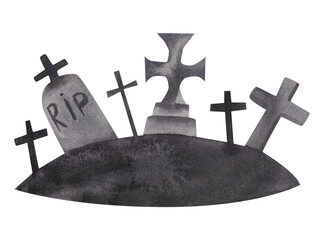 Cemetery, tombstones and crosses. Isolated element. watercolor illustration