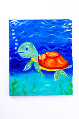 turtle underwater in a deep sea with sun rays in oil painting  drawing on canvas