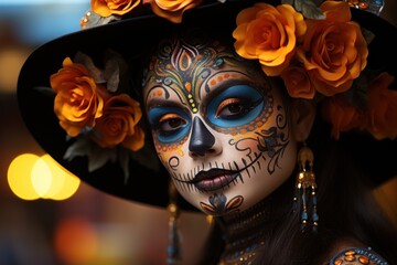 Woman paint her face skull and decorate with flower. Day of death culture concept background.