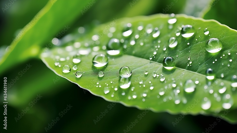 Aufkleber Generative AI : Large beautiful drops of transparent rain water on a green leaf macro. Drops of dew in the morning glow in the sun. Beautiful leaf texture in nature. Natural background