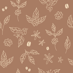 Coffee leaves, beans and flowers pattern. Hand drawn line art drawings of coffee branches and stems. Plant. Nature. Seamless background, banner, digital paper, wallpaper.