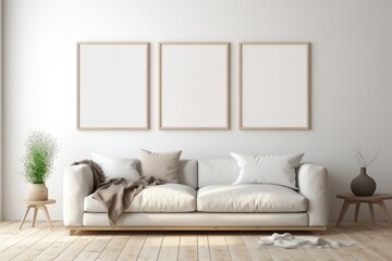 ベッドルームのインテリア背景のモックアップフレーム Mockup frame in bedroom interior background, room in light pastel colors   Generative AI