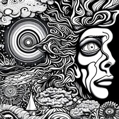 Altered Perspectives: Coloring Book Page with Psychedelic LSD Elements for Grown-ups