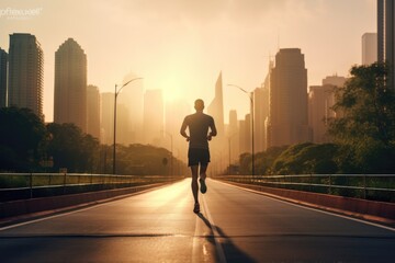 A young man runs through the city. Morning, warm tones.
