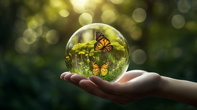 Generative AI : Earth crystal glass globe ball and growing tree in human hand, flying yellow butterfly on green sunny background. Saving environment, save clean planet, ecology concept. Card for World