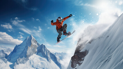 Naklejka na ściany i meble skating snowboarder snowboard on the snow mountains