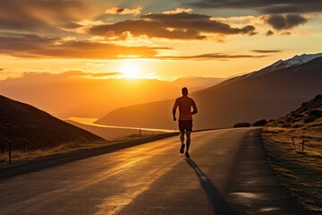 Fototapeta na wymiar Man running along the road during sunset in the mountains