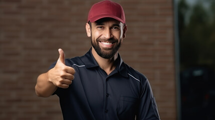 Delivery worker in uniform with smile and showing thumb up