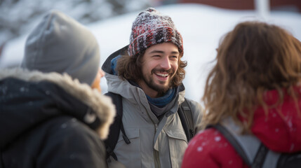 snowboarder talking with friend - obrazy, fototapety, plakaty