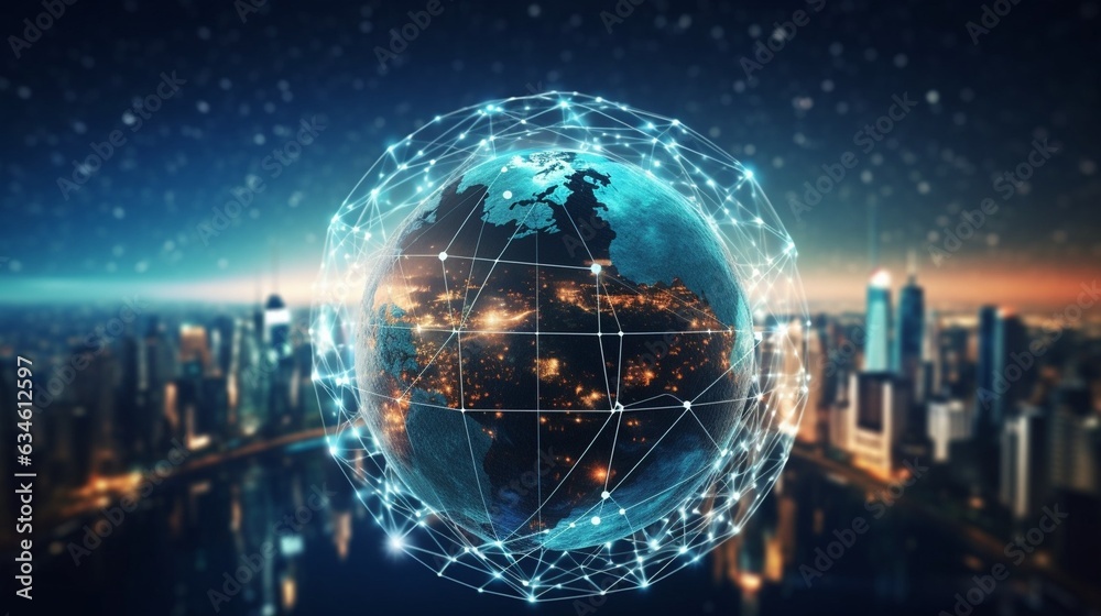 Poster Generative AI : Communication technology for internet business. Global world network and telecommunication on earth cryptocurrency and blockchain and IoT