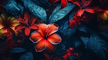 Generative AI : colorful flower on dark tropical foliage nature background