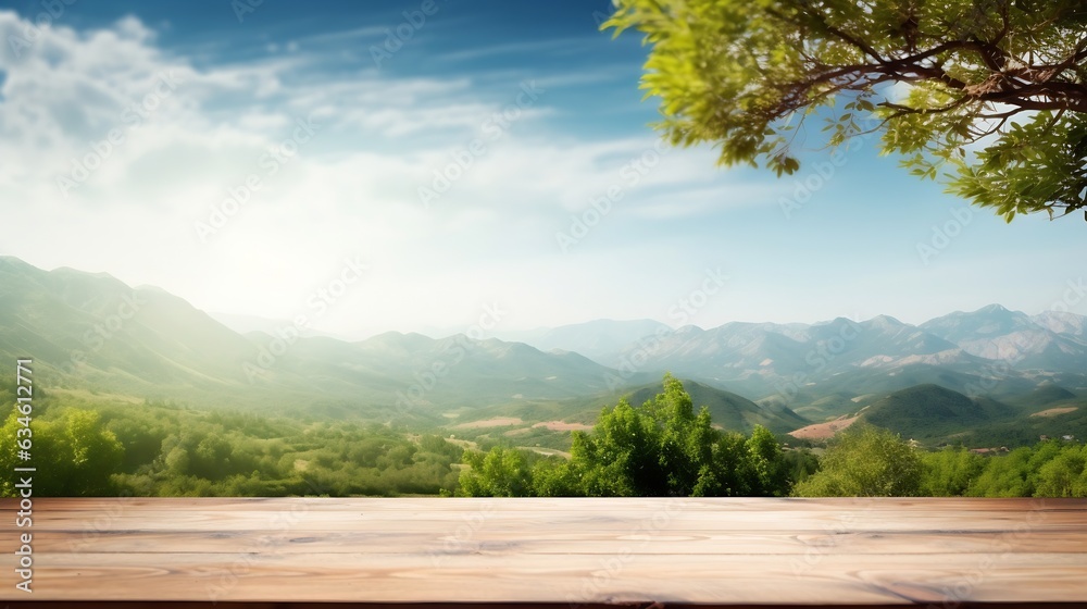 Poster generative ai : table background of free space for your decoration and blurred landscape of mountain