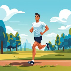 Running in the park. Male runner outdoors jogging in the park. flat illustration