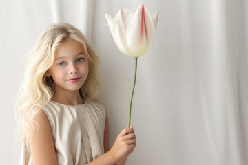 A pretty girl holding a tulip