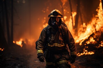 Naklejka premium Brave fire fighter fighting with wildfire background.