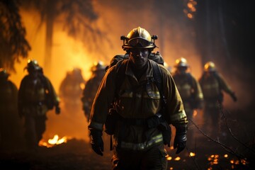 Brave fire fighter fighting with wildfire background.