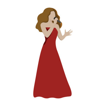 An elegant young diva singer in dark red dress and performing singing posture on stage. Vector illustration flat charactor design on white background