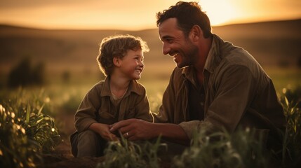 Fototapeta premium A father and his son is working at farm.
