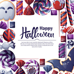 Vector background for Halloween invitation or greeting card. Holiday invitation Trick or Treat. Poster, banner with ghost and bat cookies, spooky candies, sweets, cookies, lollipops.