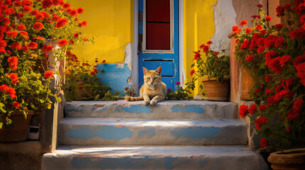 Cat at the door of a rustic, colorful holiday home with lots of flowers. - obrazy, fototapety, plakaty