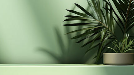 Modern minimal empty matte green counter top, bamboo palm tree in sunlight, leaf shadow on green wall background for luxury organic cosmetics, skin care, beauty treatment product display