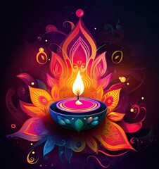 Indian festival Happy Diwali holiday design, of Indian Rangoli and hanging diya - oil lamp, Diwali celebration greeting card. Ai generated