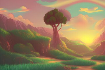 Magical and Whimsical Fantasy Landscape covered in magical aura. Pandora land. Alien Landscape. Digital illustration. Kids Cartoon Backgrounds. Children Story Book 2d illustration.  Generative AI