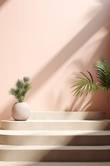 Generative AI : Podium, stand on pastel light stucco background. Unobtrusive background with plant and shadow on the wall -3D render.Mock up for exhibitions, presentation of products, therapy, relaxat