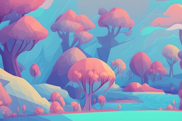 Magical and Whimsical Fantasy Landscape covered in magical aura. Pandora land. Alien Landscape. Digital illustration. Kids Cartoon Backgrounds. Children Story Book 2d illustration.  Generative AI