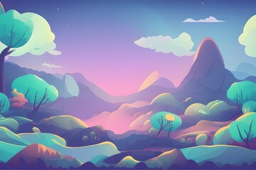 Magical and Whimsical Fantasy Landscape covered in magical aura. Pandora land. Alien Landscape. Digital illustration. Kids Cartoon Backgrounds. Children Story Book 2d illustration.  Generative AI