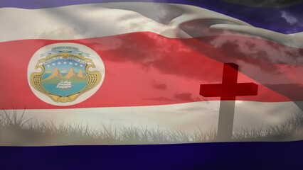 Animation of waving costa rica against silhouette of a cross on grassland against clouds in the sky - Powered by Adobe