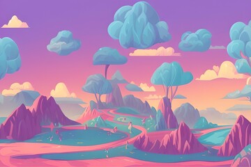 Magical and Whimsical Fantasy Landscape covered in magical aura. Pandora land. Alien Landscape. Digital illustration. Kids Cartoon Backgrounds. Children Story Book 2d illustration.  Generative AI