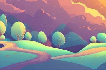 Magical and Whimsical Fantasy Landscape covered in magical aura. Pandora land. Alien Landscape. Digital illustration. Kids Cartoon Backgrounds. Children Story Book 2d illustration.  Generative AI